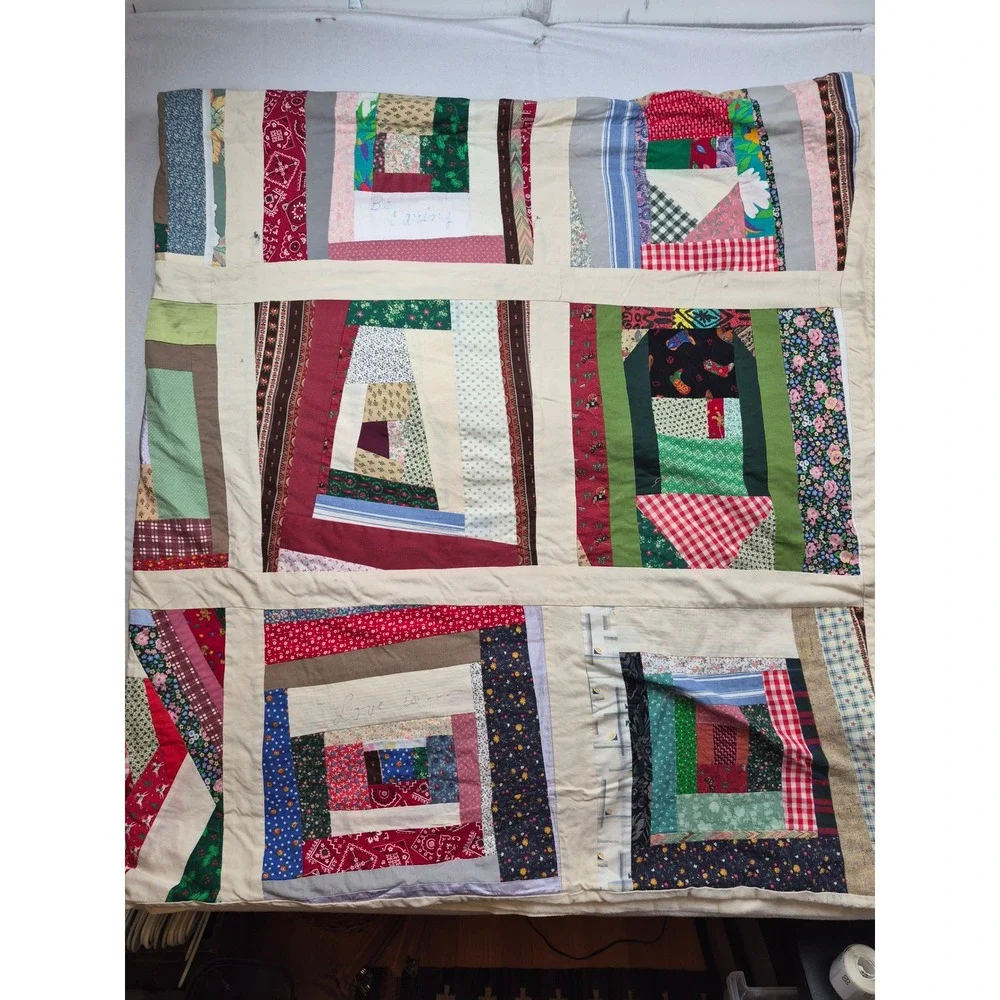 Handmade Log Cabin Patchwork Quilt Folk Art Cabin Blanket Tattered Worn 84X87